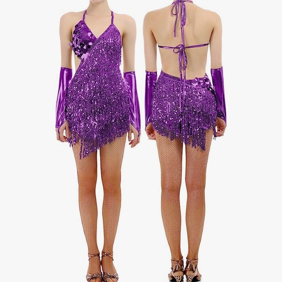 Purple sparkle fringe dress, sequins and tie back! Perfect for the Eras Tour! - Picture 2 of 5